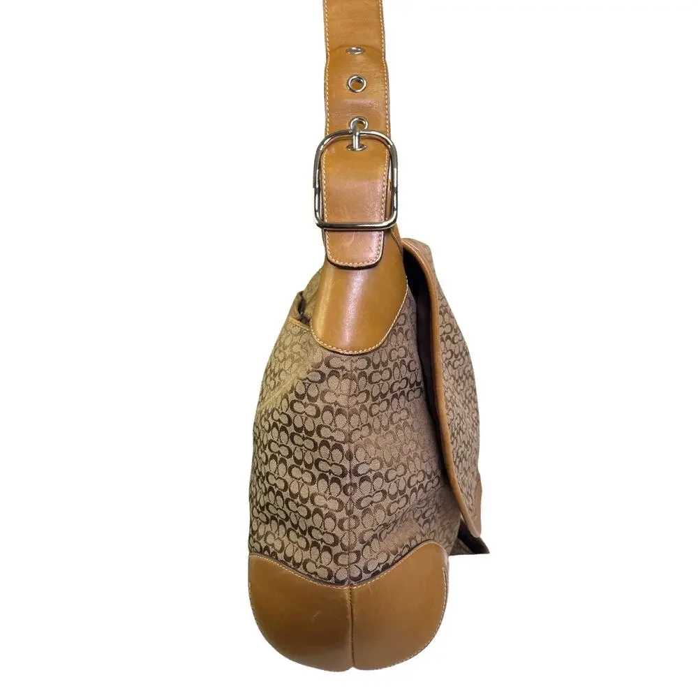Coach Signature Canvas Leather Messenger Crossbody Bag Flap Laptop Brown Tan